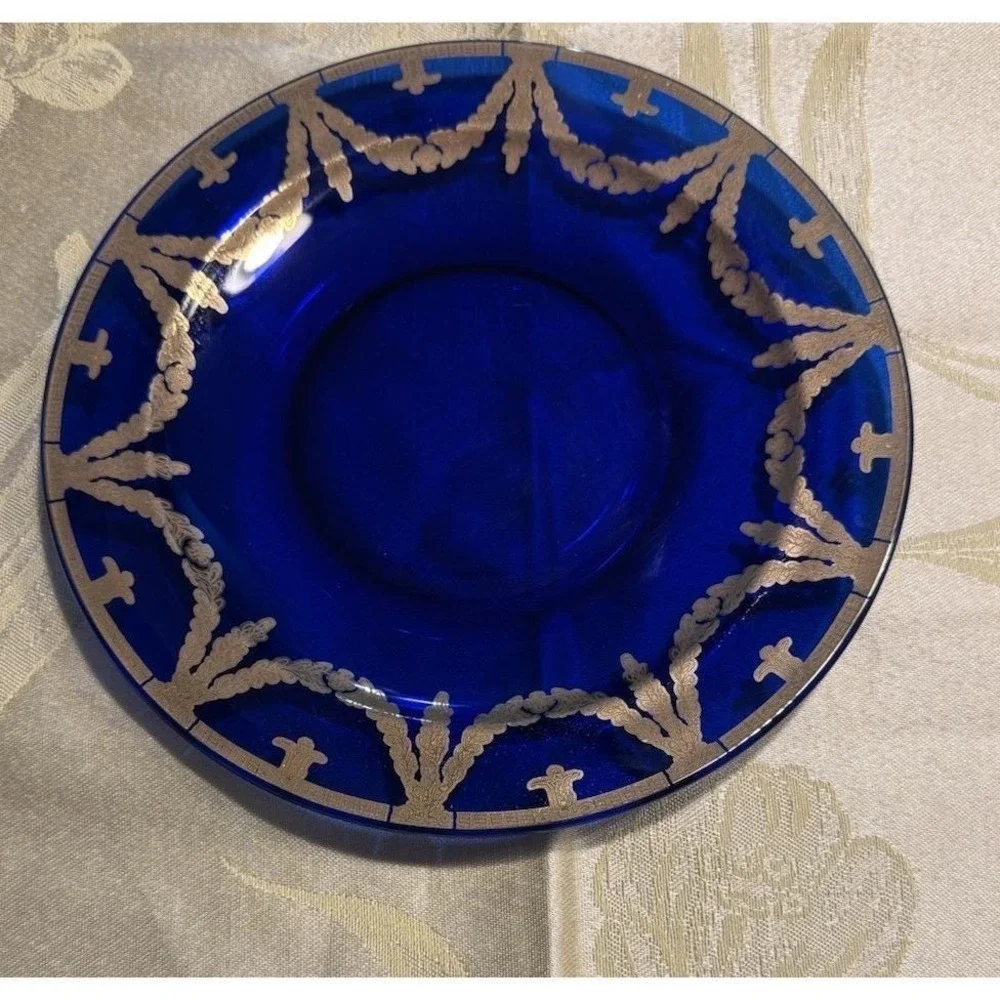 Antique Wheeling Glass Cobalt Blue Gilt Plate Greek Key Swag 8.25 Victorian RARE